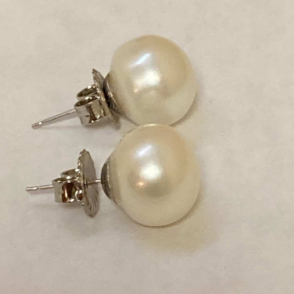 Cultured Pearl Earrings 12mm 14K White Gold - Picture 3 of 5
